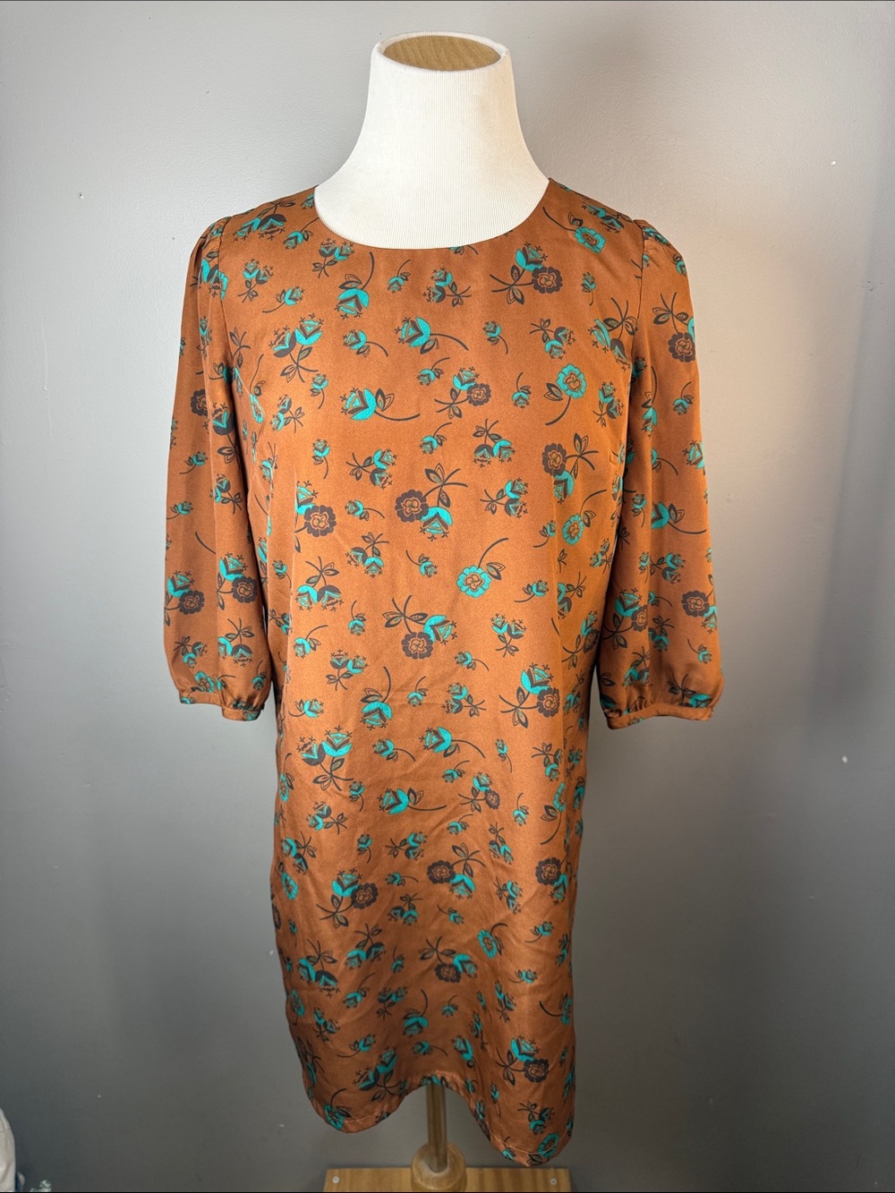 Rust Floral Shift Dress with Teal Accents